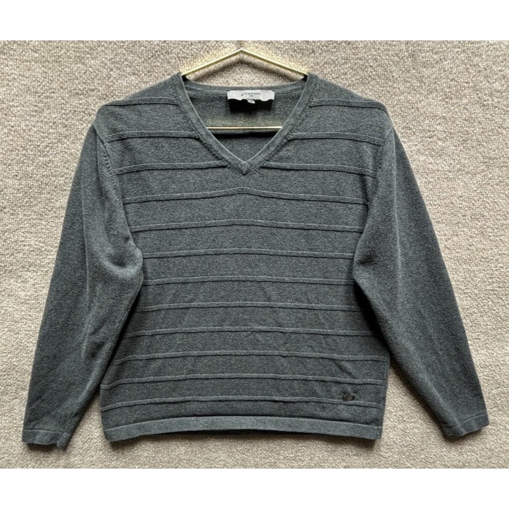 Vintage Givenchy Gray Knit V-Neck Pullover Sweater Faint Striped Mens Medium EUC